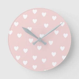Blush Pink with White Hearts Kids or Nursery Round Clock
