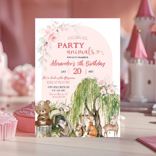 Blush Pink Woodland Party Animals Girl Birthday Invitation