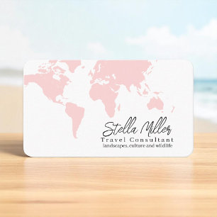 Blush Pink World Map Travel Consultant Business Card