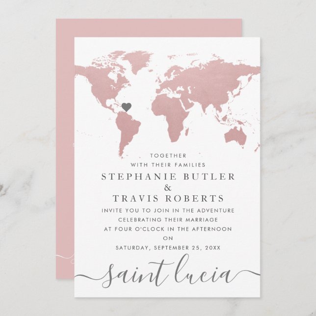 Blush Pink World Map Travel Theme Wedding Invitation (Front/Back)