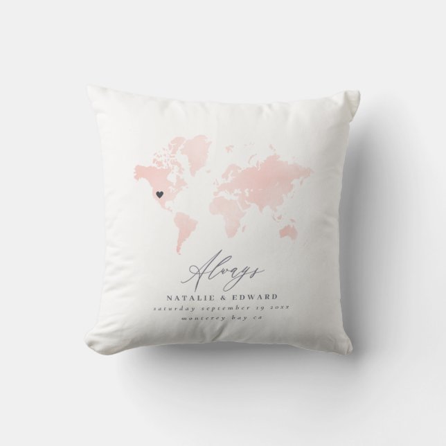 Blush pink world map wedding or anniversary gift cushion (Front)