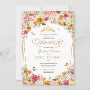 Blush Pink Yellow Floral Buttefly Quinceanera Invitation