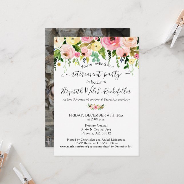 Blush Pink Yellow Floral Retirement Party Photo Invitation (Front/Back In Situ)