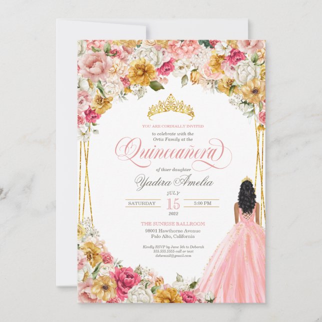 Blush Pink & Yellow Lush Floral & Gown Quinceanera Invitation (Front)
