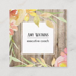 Blush Pink Yellow Watercolor Flowers Rustic Wood Square Business Card