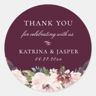 Blush Plum Floral Wedding Favour Classic Round Sticker