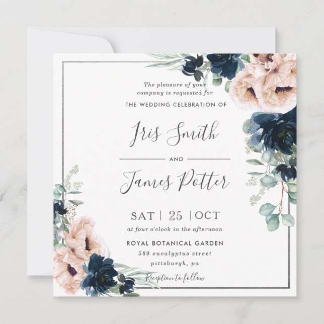 Blush Poppy Navy Blue Rose Floral Greenery Wedding Invitation (Front)