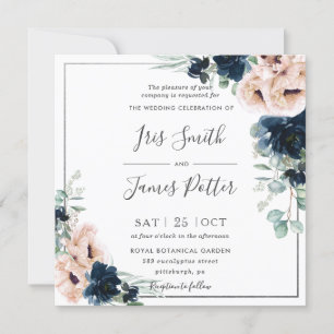 Blush Poppy Navy Blue Rose Floral Greenery Wedding Invitation