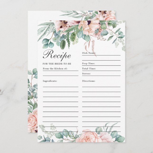 Blush Poppy Rose  Floral Recipe For Bride Card (Front/Back)