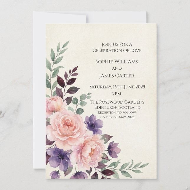 Blush Purple Bouquet Wedding Invitation (Front)