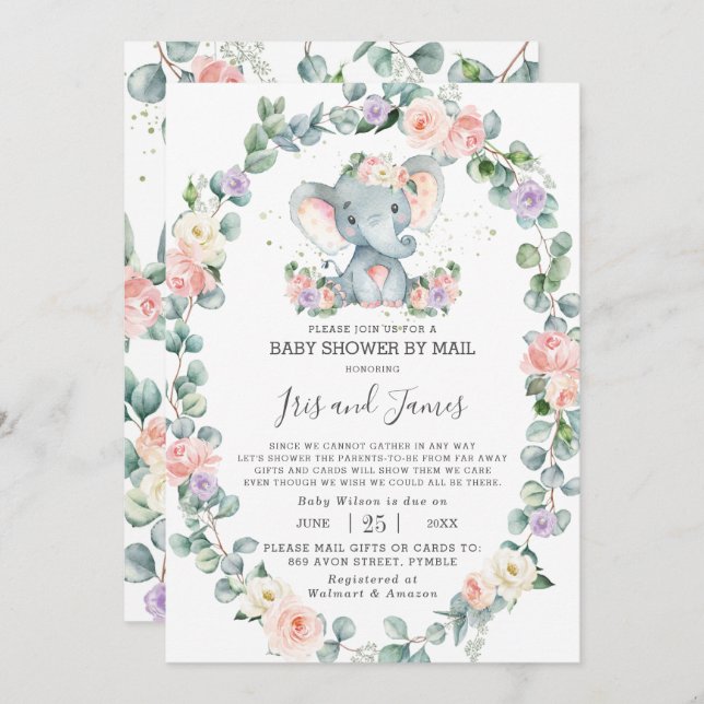 Blush Purple Floral Elephant Baby Shower by Mail Invitation (Front/Back)