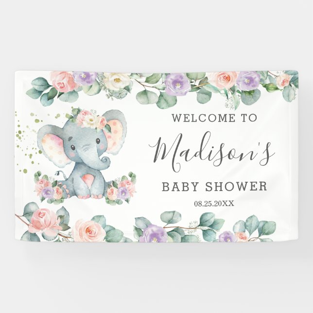 Blush Purple Floral Elephant Baby Shower Welcome Banner (Horizontal)