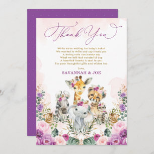 Blush Purple Floral Jungle Safari Girl Baby Shower Thank You Card