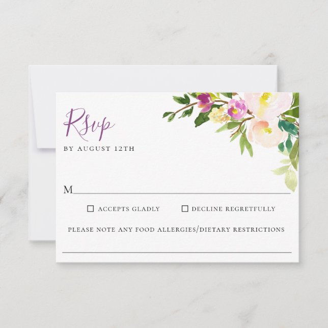 Blush Purple Floral Wedding Food Allergy RSVP Card (Front)