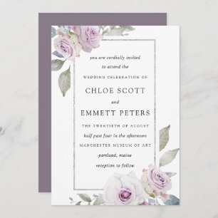 Blush Purple Rose Floral Silver Wedding Invitation