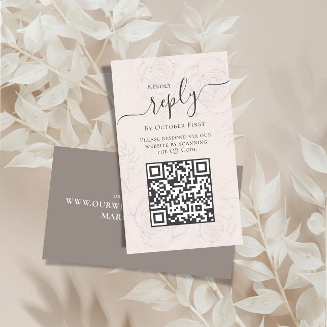 Blush QR Code RSVP Online Floral Calligraphy  Enclosure Card (Wedding reply enclosure card with an elegant floral transparent background.)