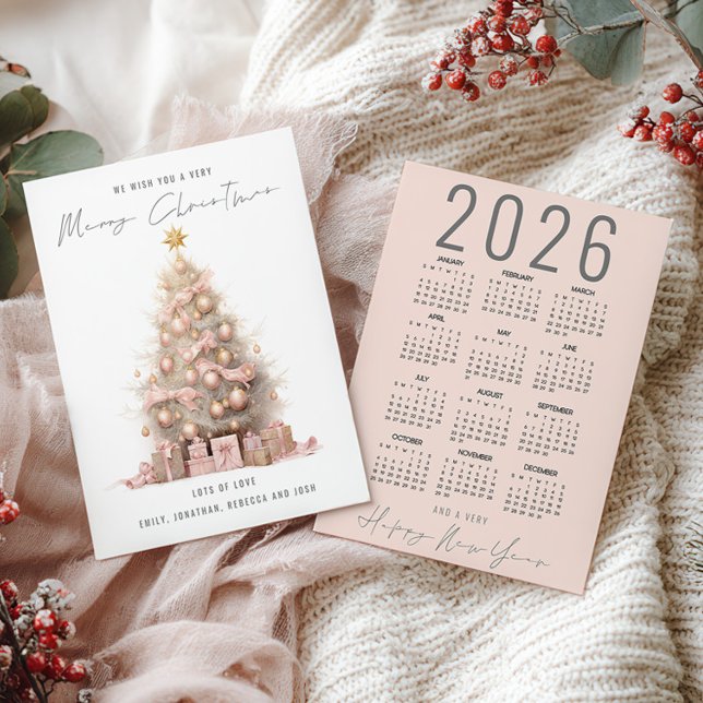 Blush Quirky Tree 2026 Calendar Merry Christmas Holiday Card (front and back view)