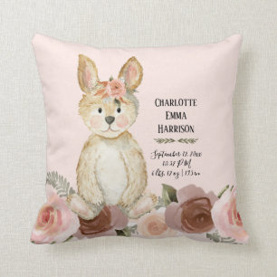 Blush Rabbit Floral Roses Girl Baby Birth Stats Cushion