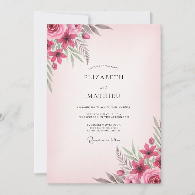 Blush Raspberry Peony Wedding Invitation (Front)