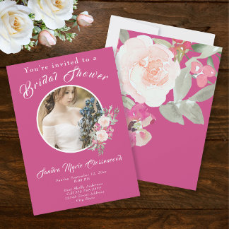 Blush & Raspberry Pink Photo Floral Bridal Shower Invitation