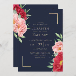Blush Red Floral Navy Blue Gold Wedding Invitation