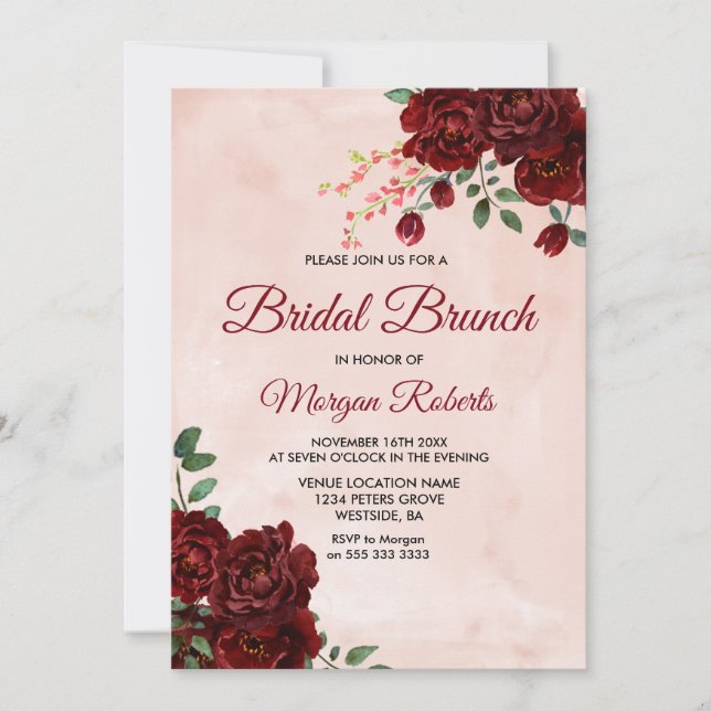 Blush Red Rose Floral Bridal Shower Brunch Invitation (Front)