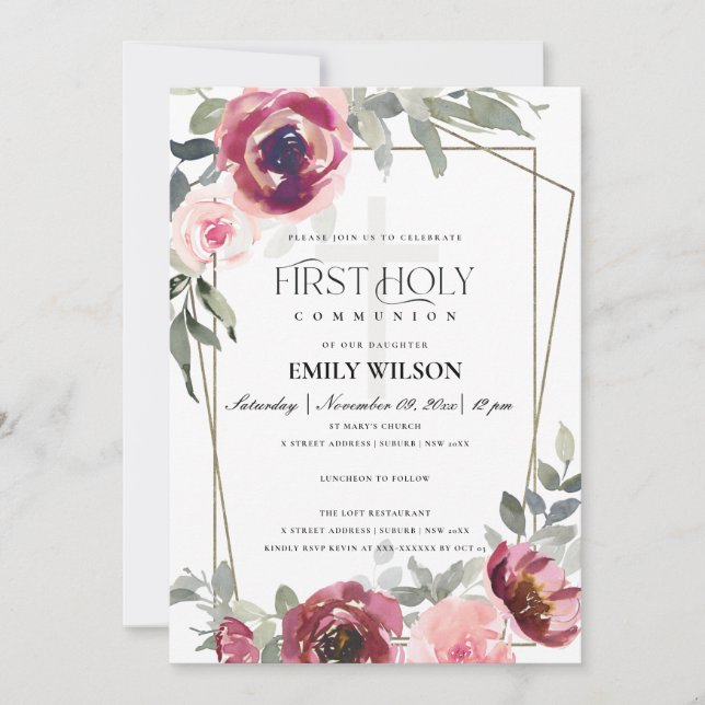BLUSH RED ROSE FLORAL FIRST HOLY COMMUNION INVITE (Front)