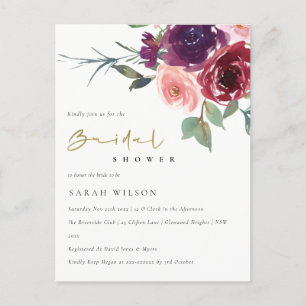 BLUSH RED ROSE WATERCOLOR FLORAL BRIDAL SHOWER INVITATION POSTCARD
