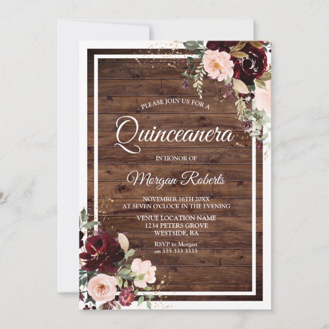 Blush & Red Wine Floral Rustic Quinceanera Party Invitation (Front)