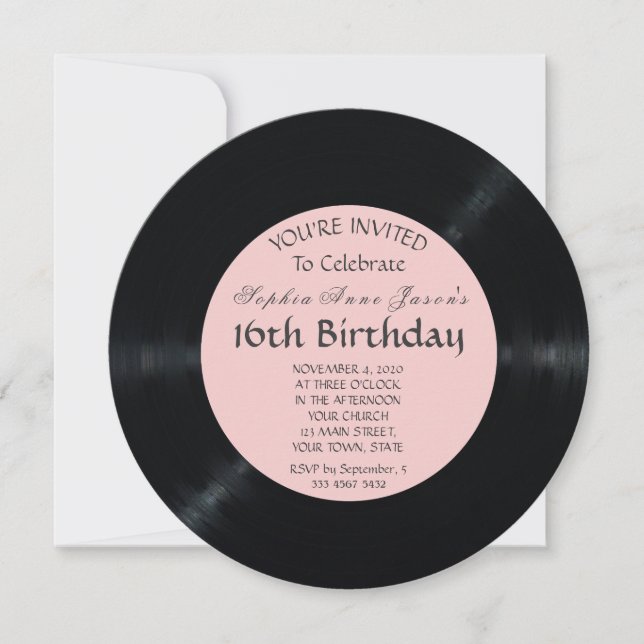 Blush Retro Vinyl Record Birthday Invitation (Front)