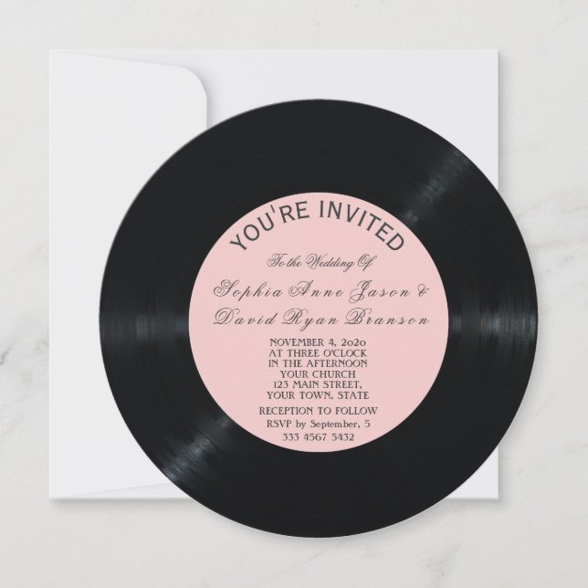 Blush Retro Vinyl Record Wedding Invitation (Front)
