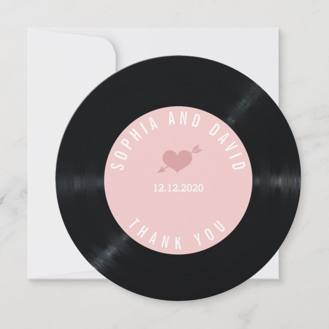 Blush Retro Vinyl Record Wedding THANK YOU Card (Front)