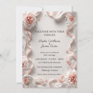 Blush Ribbon Pearl Rose Wedding Invitation