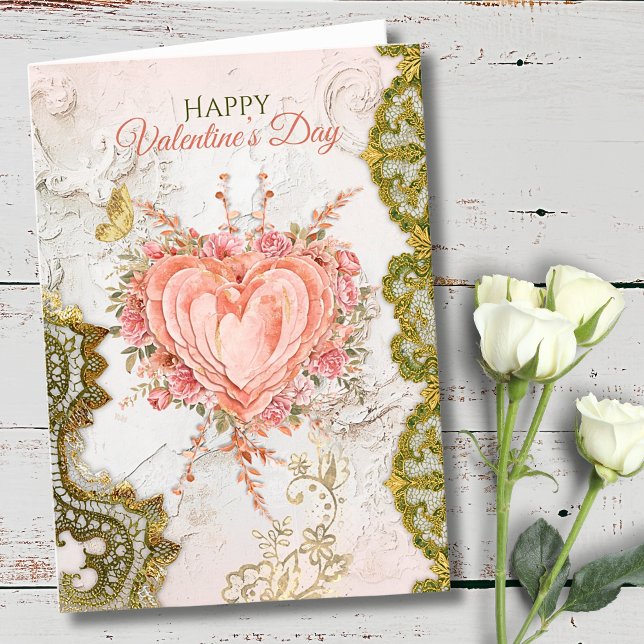 Blush Rococo Floral Heart Galentine Lace Elegance Holiday Card (Creator Uploaded)