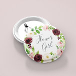 Blush Romance Flower Girl 6 Cm Round Badge<br><div class="desc">Identify the key players at your bridal shower with our elegant,  sweetly chic floral buttons. Button features a blush pink and burgundy marsala watercolor floral wreath with "flower girl" inscribed inside in hand lettered script.</div>