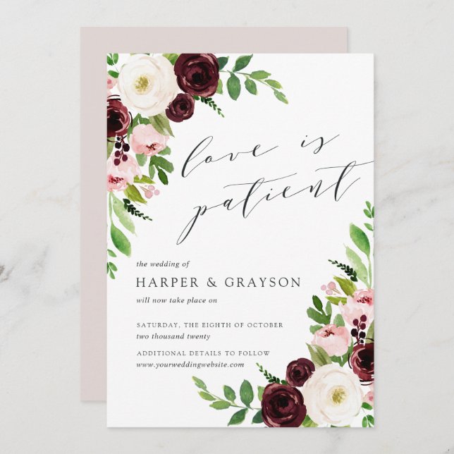Blush Romance Love Is Patient Wedding Postponement Invitation (Front/Back)