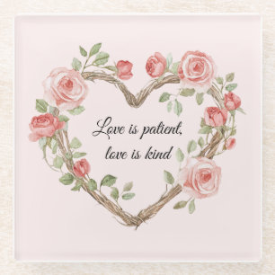 Blush Romantic Rose Floral Heart Love Glass Coaster