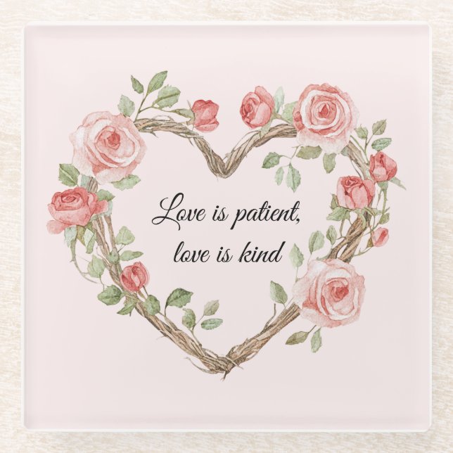 Blush Romantic Rose Floral Heart Love Glass Coaster (Front)