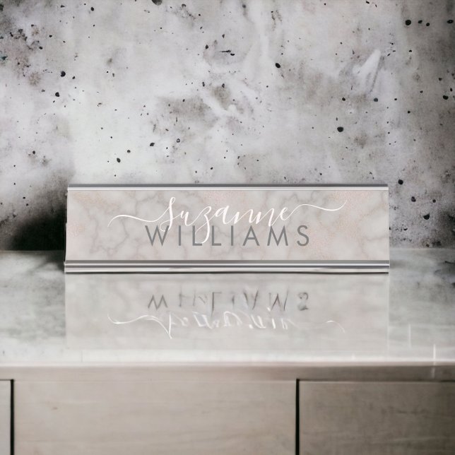 Blush Rose and Grey Marbled Elegance Desk Name Plate (Personalize this elegant desk sign with your name.)