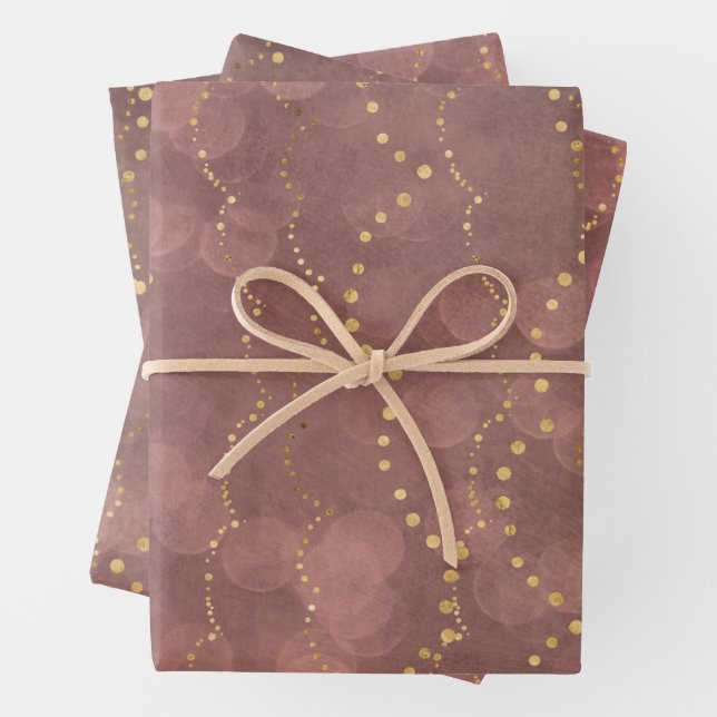Blush Rose Bokeh Golden Lights Christmas Holiday Wrapping Paper Sheet (In situ)