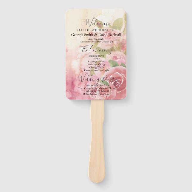 Blush Rose Botanical Wedding Program Hand Fan (Front)