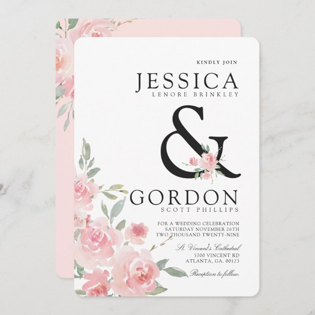 Blush Rose Bouquet | Bold Ampersand Wedding Invite (Front/Back)