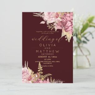 Blush Rose Burgundy ⎮ Gold Floral Modern Wedding Invitation