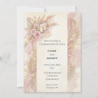 Blush Rose & Champagne Toast Wedding Invitation