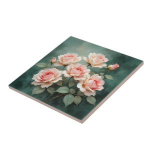 Blush Rose Elegance on Deep Jade Ceramic Tile