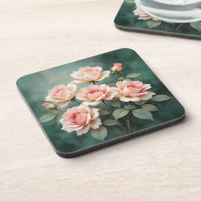 Blush Rose Elegance on Deep Jade Coaster (Left Side)