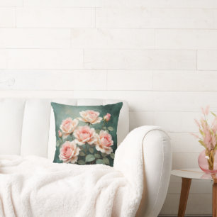 Blush Rose Elegance on Deep Jade Cushion