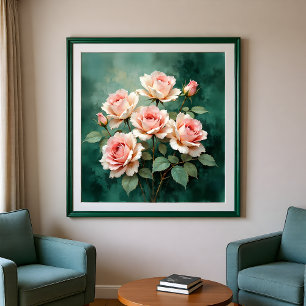 Blush Rose Elegance on Deep Jade Poster