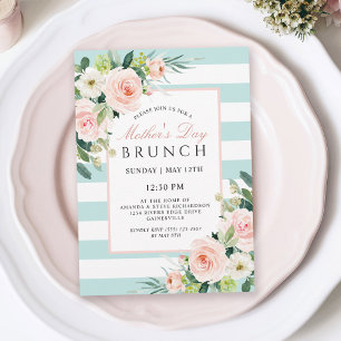Blush Rose Floral and Stripes Mother's Day Brunch Invitation