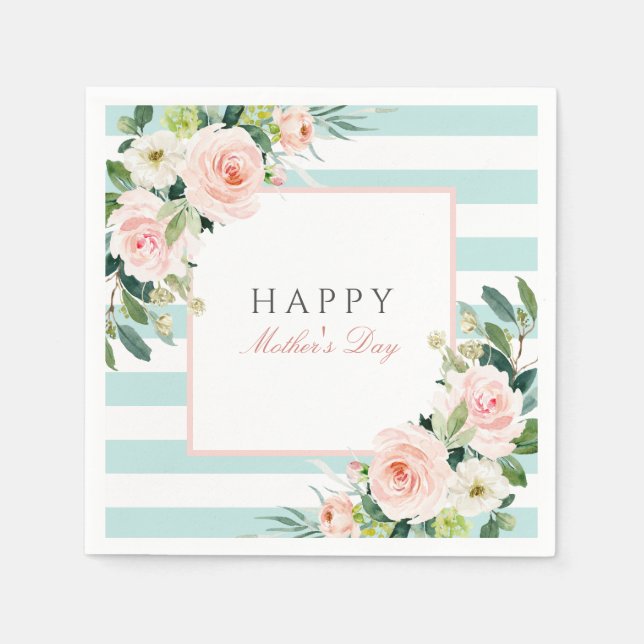 Blush Rose Floral and Stripes Mother's Day Napkin (Front)